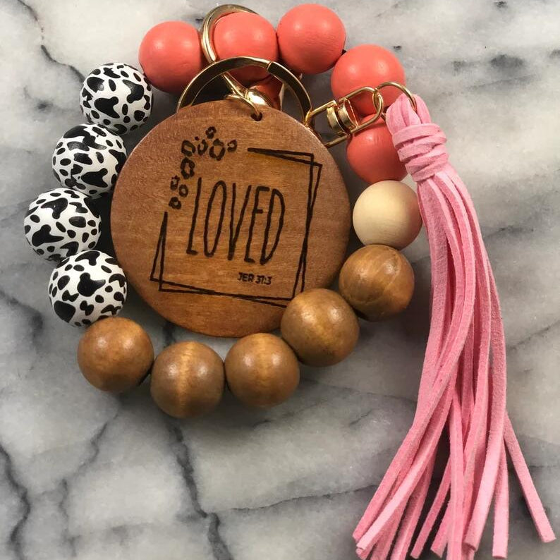 Wholesale Mother's Day Leopard Print Wooden Beads Tassel Bracelet Keychain